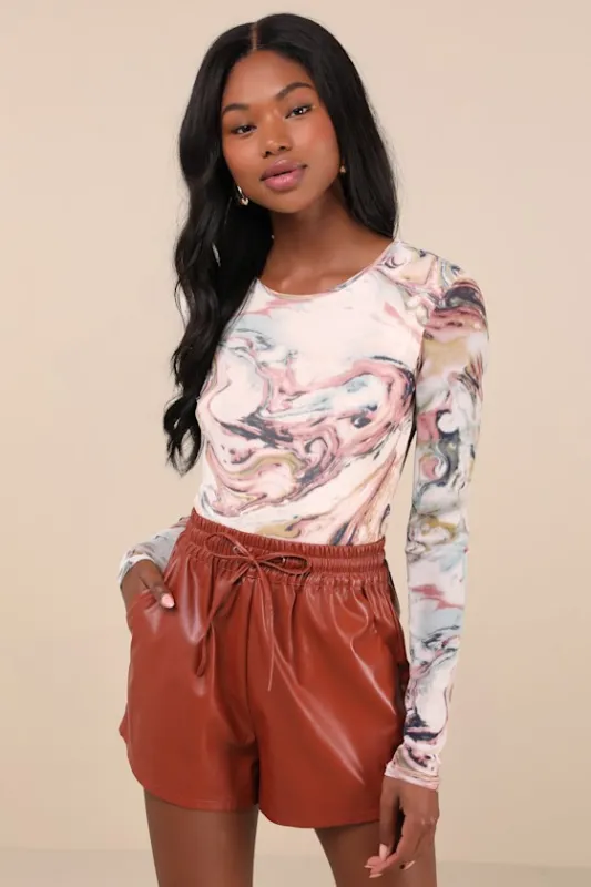 Casual Luxury Rust Brown Vegan Leather Drawstring Shorts sold by Lulus