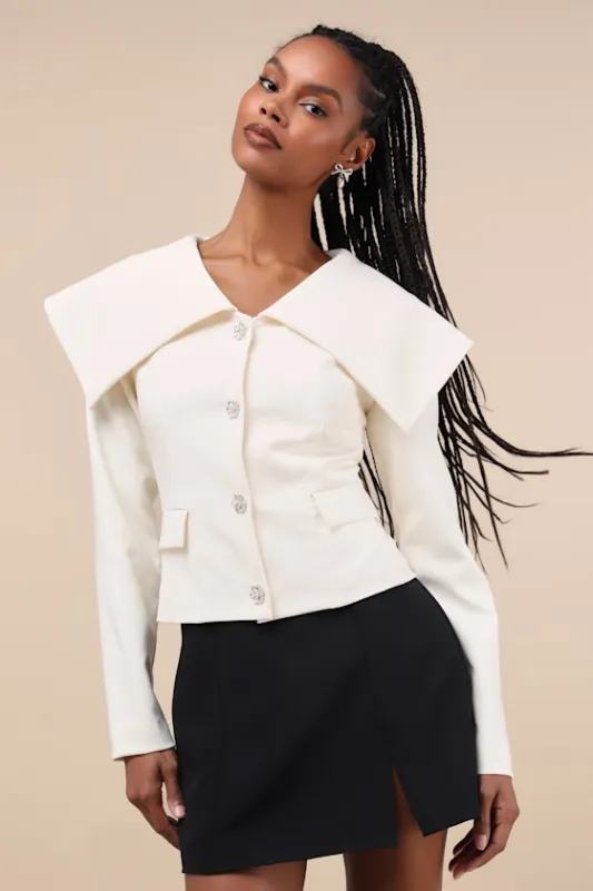Distinctly Chic Ivory Shawl Collar Rhinestone Button Blazer sold by Lulus