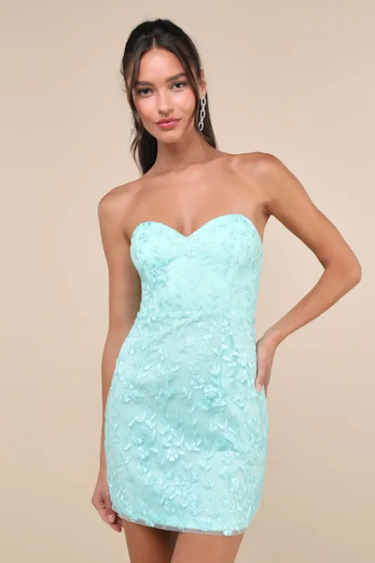 Exquisite Sensation Teal Floral Embroidered Strapless Mini Dress sold by Lulus