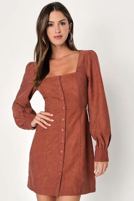 Posh Promise Brown Corduroy Long Sleeve Button-Up Mini Dress sold by Lulus