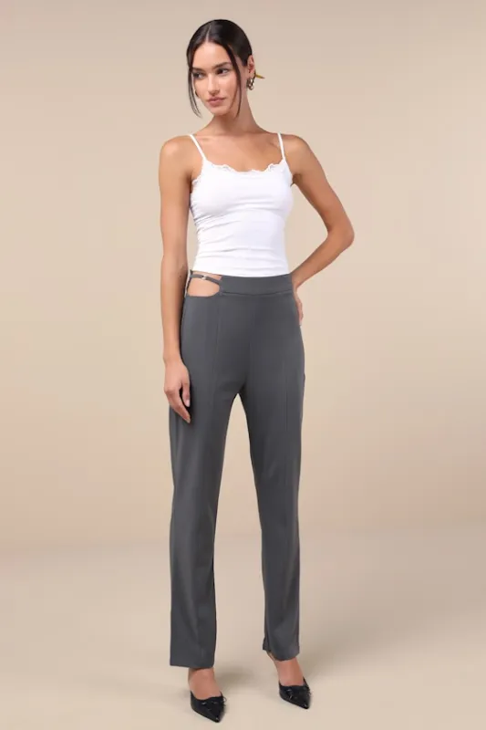 Polished Aura Dark Grey Cutout High-Rise Trousers sold by Lulus