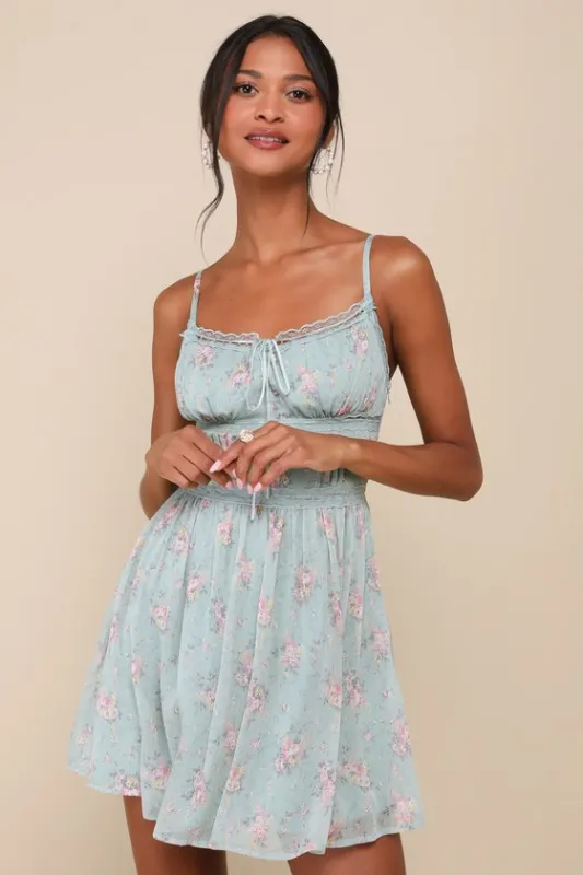 Flirty Dreamer Sage Floral Bustier Lace Ribbon Mini Dress sold by Lulus