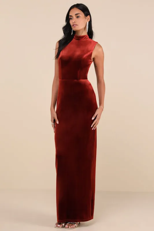 Notorious Stunner Rust Velvet Mock Neck Backless Maxi Dress sold by Lulus