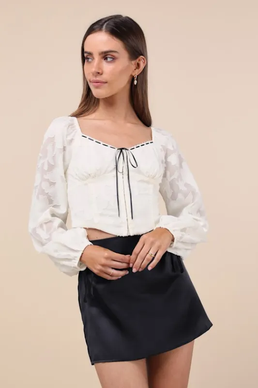 Flirtatious Outlook Ivory Burnout Ribbon Long Sleeve Bustier Top sold by Lulus