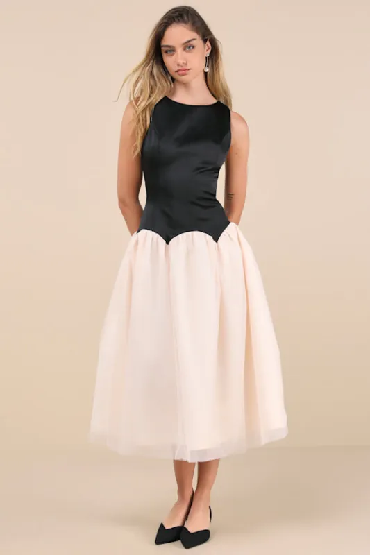 Contemporary Elegance Black and Cream Satin Tulle Midi Dress sold by Lulus