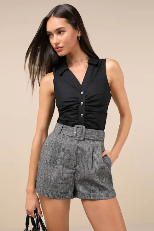 Confidently Posh Grey Plaid Belted High-Waisted Shorts sold by Lulus