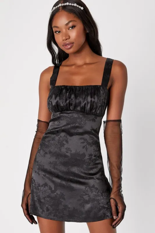 Exquisite Outlook Black Floral Jacquard Satin Lace-Up Mini Dress sold by Lulus