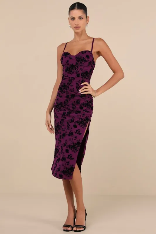 Decadent Flirt Purple Mesh Velvet Ruched Bodycon Midi Dress sold by Lulus