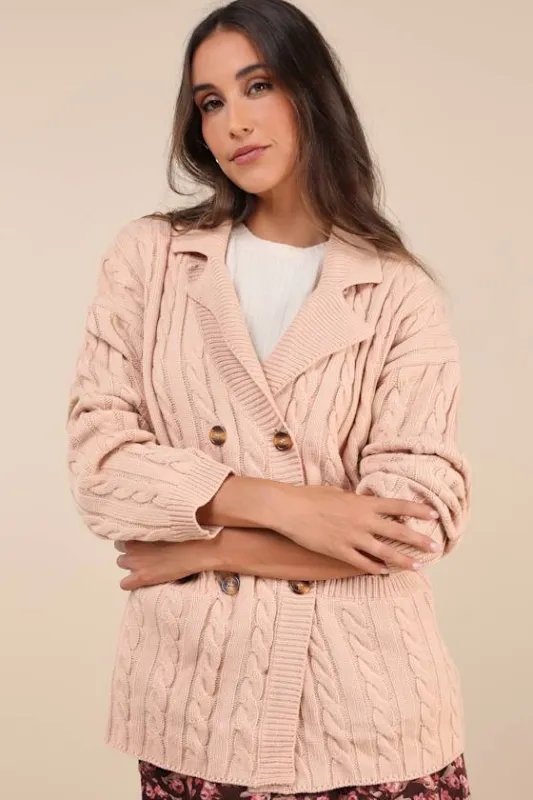 Majorly Comfy Beige Cable Knit Double Breasted Cardigan Sweater sold by Lulus
