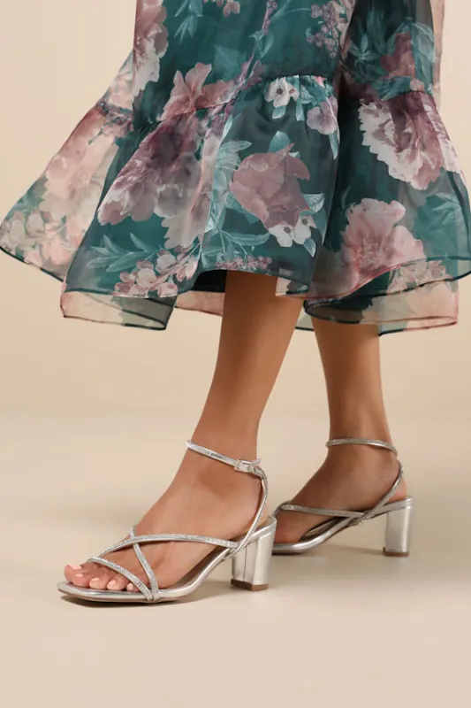 Makenna Silver Rhinestone Strappy Ankle Strap Low Heel Sandals sold by Lulus