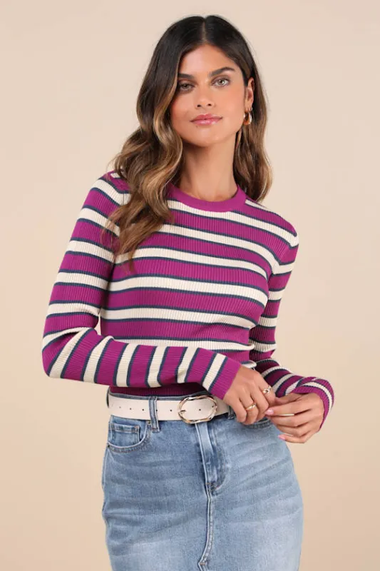 All the Hits Purple and Cream Striped Sweater sold by Lulus