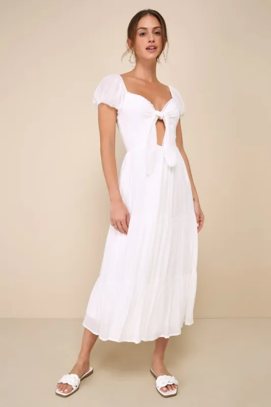 Darling Concept White Tiered Tie-Front Puff Sleeve Midi Dress sold by Lulus