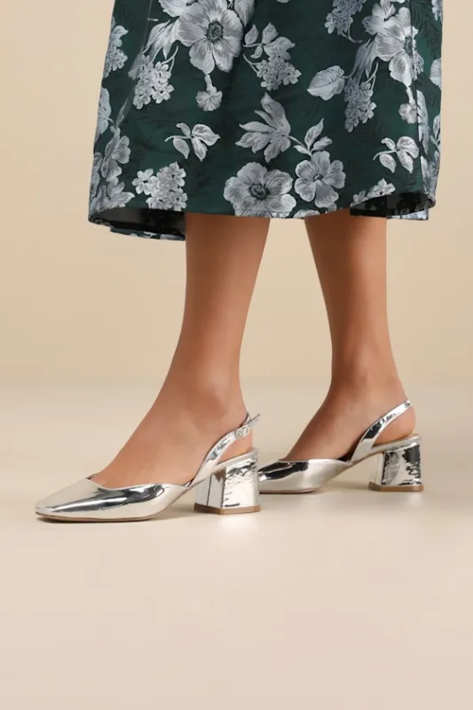 Carlson Silver Patent Slingback Low Heel Pumps sold by Lulus