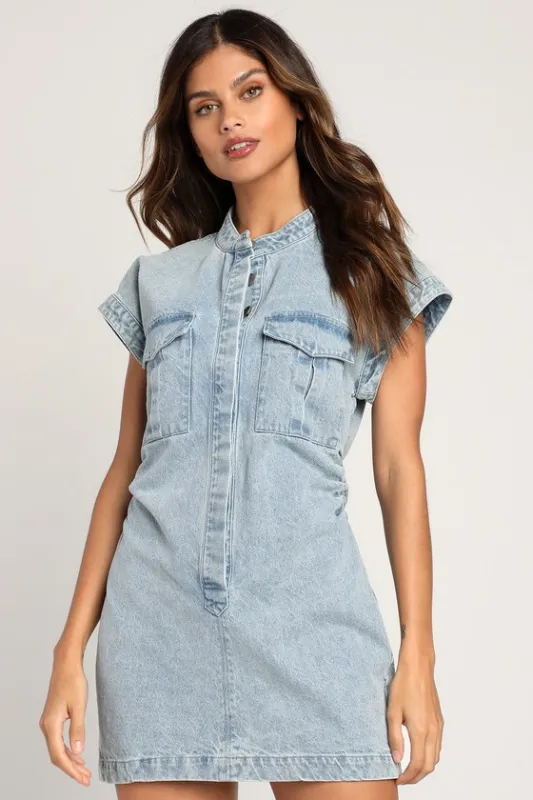 On this Sweet Day Light Wash Denim Button-Front Mini Dress sold by Lulus