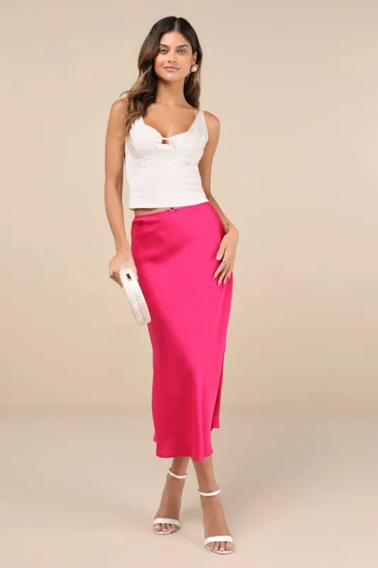 Sleek Proposition Fuchsia Satin Bow Midi Skirt sold by Lulus