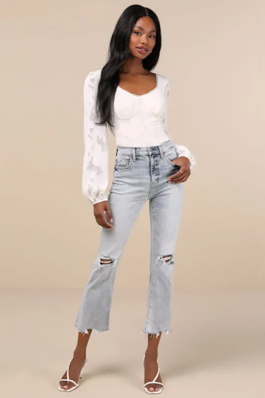 Shy Girl Light Wash Cropped Distressed High-Rise Flare Jeans sold by Lulus