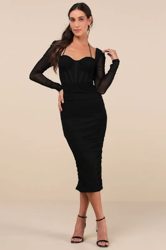 Dramatic Demure Black Mesh Halter Bustier Midi Dress sold by Lulus