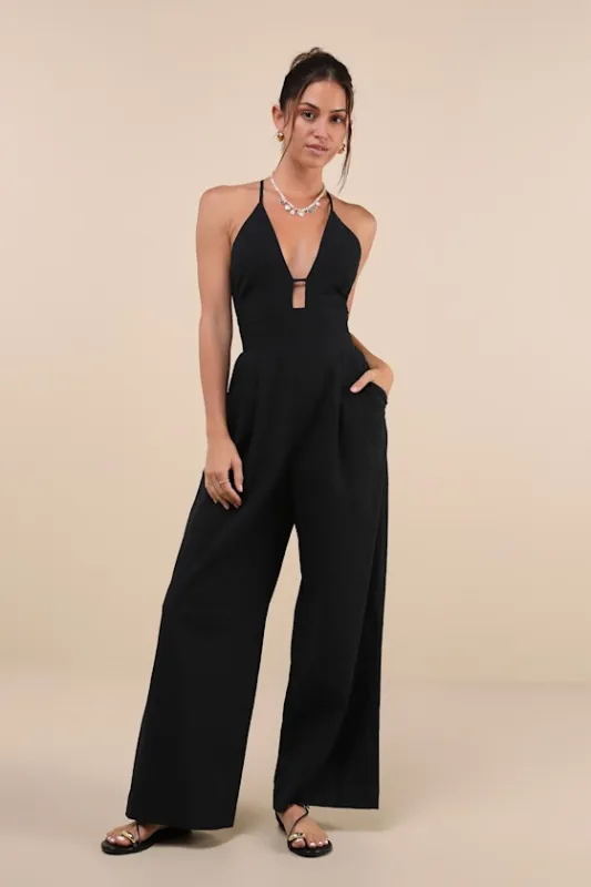 Covetable Vibe Black Linen Lace-Up Backless Wide-Leg Jumpsuit sold by Lulus