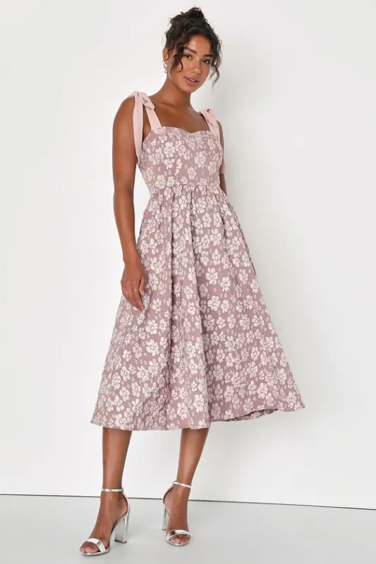 Bubbly Bliss Mauve Pink Jacquard Bustier Tie-Strap Midi Dress sold by Lulus