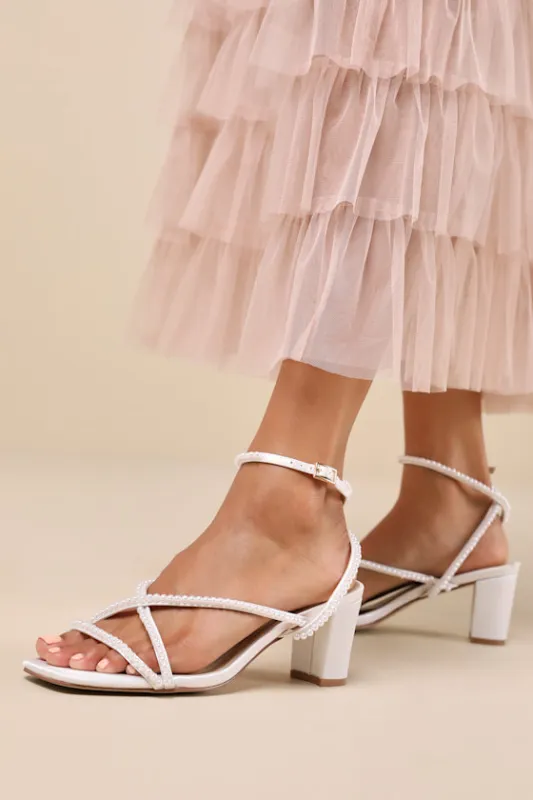 Makenna White Pearl Satin Strappy Ankle Strap Low Heel Sandals sold by Lulus