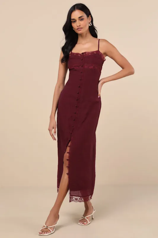 Veanna Burgundy Textured Lace Button-Front Midi Dress sold by Lulus
