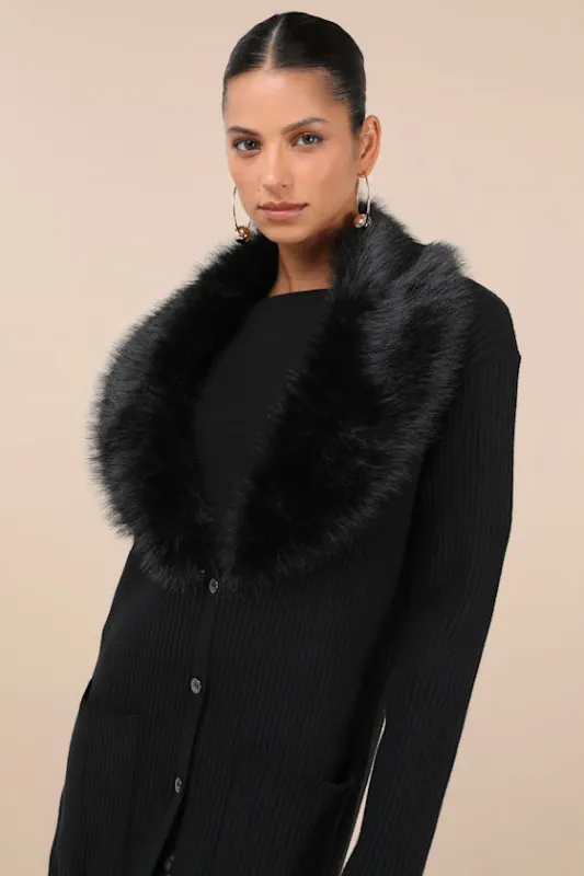 Effortlessly Lavish Black Ribbed Faux Fur Collared Coatigan sold by Lulus