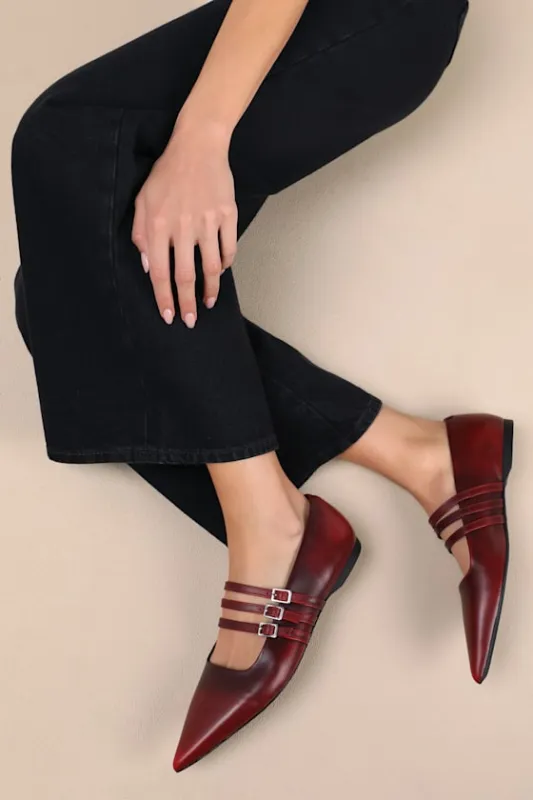 Hermine Red Leather Strappy Buckle Ballet Flats sold by Lulus