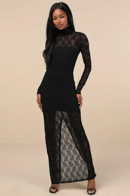 Famous Impression Black Lace Mock Neck Long Sleeve Maxi Dress sold by Lulus