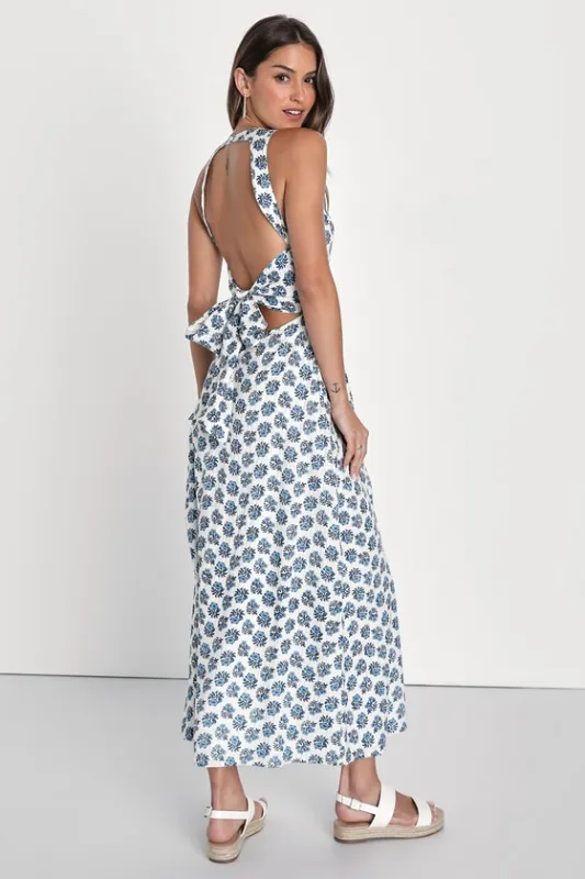 Flirty Fave Ivory Floral Print Tie-Back Midi Dress sold by Lulus