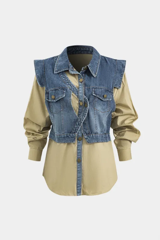 Denim patchwork -knap falp lomme langærmet shirt sold by Micas