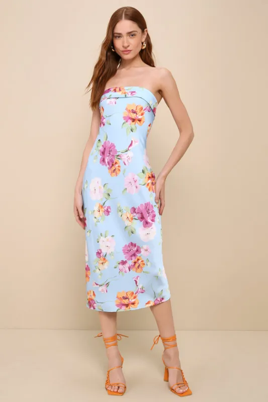 Sophisticated Design Light Blue Floral Strapless Midi Dress sold by Lulus