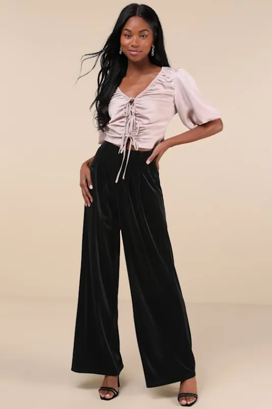 Chic Splendor Black Velvet Pleated High-Rise Wide-Leg Pants sold by Lulus