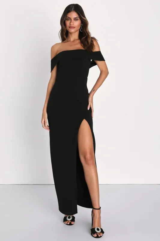 Enchanting Romantic Black Off-the-Shoulder Maxi Dress sold by Lulus