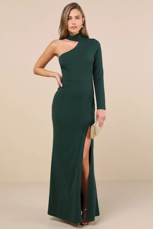 Keep It Interesting Emerald Cutout One-Shoulder Maxi Dress sold by Lulus