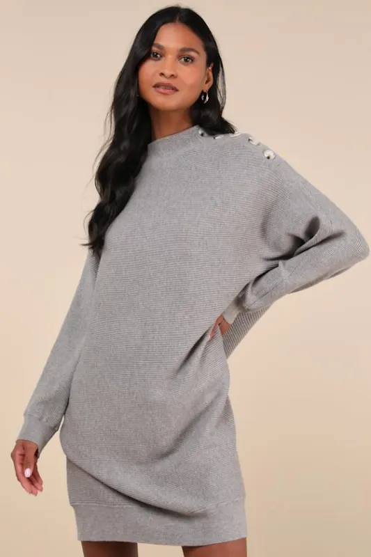 Cozy Stroll Grey Mock Neck Button Mini Sweater Dress sold by Lulus