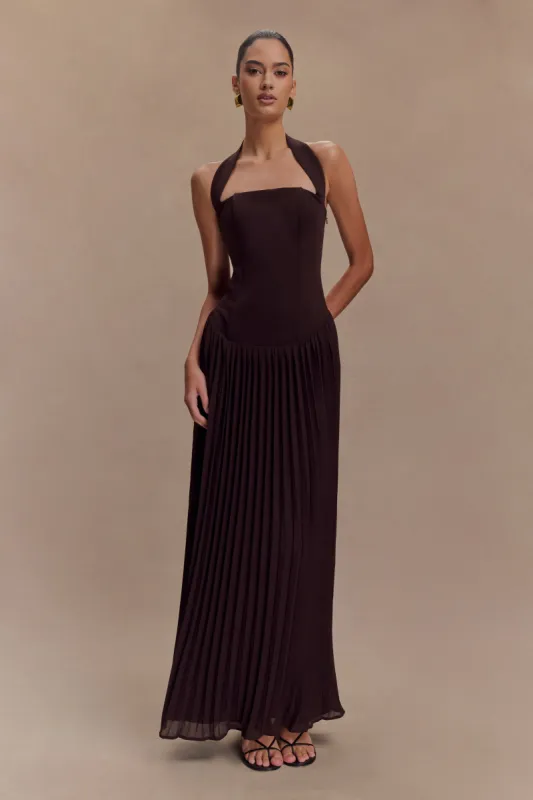 Stacie Pleated Halter Maxi Dress - Cacao sold by Meshki