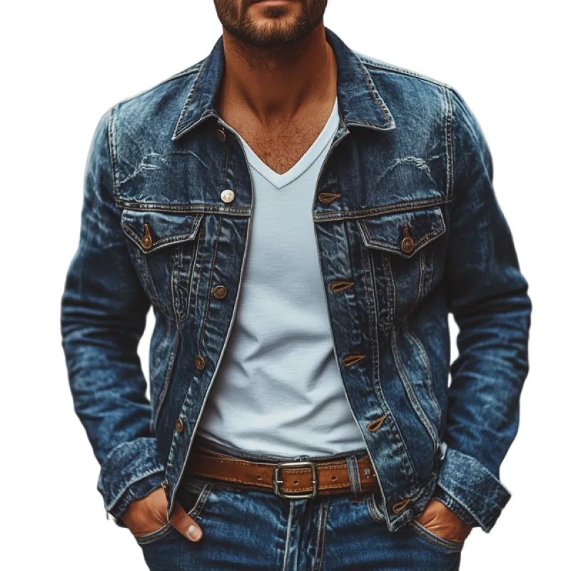 Men's Fashion Distressed Lapel Single Breasted Denim Jacket 61808480Z sold by Manly