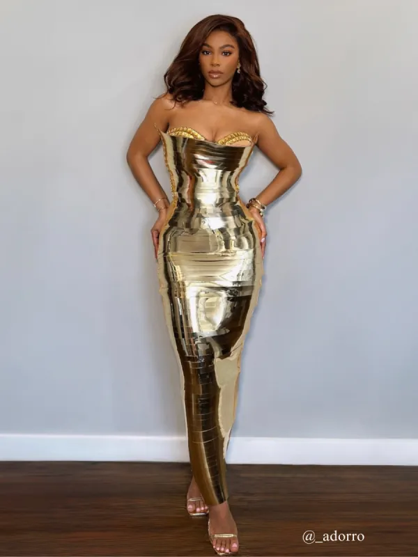 Eadward Strapless Metallic Midi Dress In Gold sold by Mew Mews