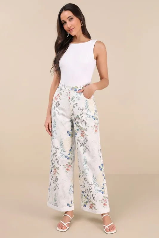 Garden Cutie Ivory Floral Cotton Twill High-Rise Pants sold by Lulus
