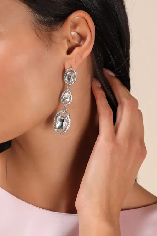 Glittery Sensation Silver Rhinestone Drop Earrings sold by Lulus
