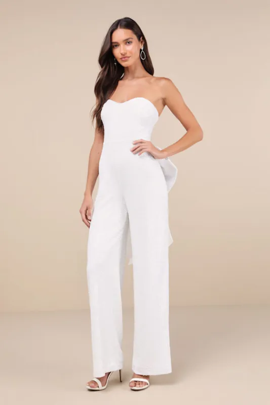 Mesmerizing Glow White Sequin Removable Bow Wide-Leg Jumpsuit sold by Lulus
