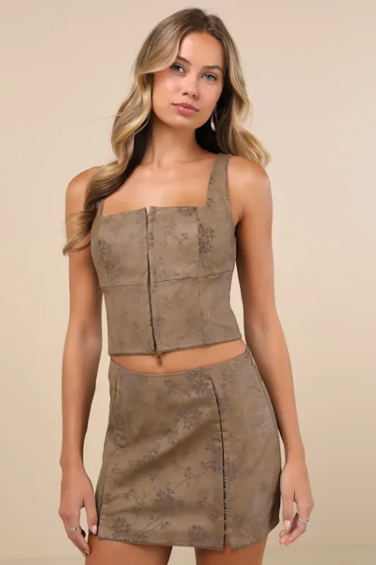 Coveted Brown Floral Vegan Leather Mini Skirt sold by Lulus