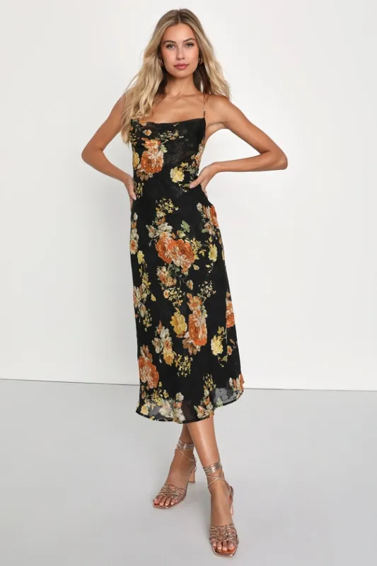 Petal Prowess Black Floral Print Lace-Up Cowl Midi Dress sold by Lulus