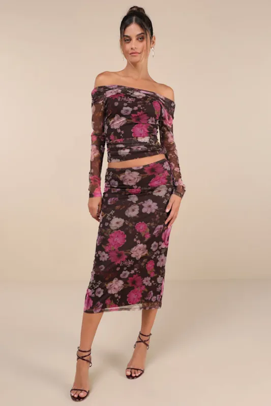 Unforgettably Sweet Brown Floral Print Mesh High-Rise Midi Skirt sold by Lulus