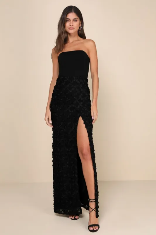 Ravishing Appeal Black 3D Floral Applique Strapless Maxi Dress sold by Lulus