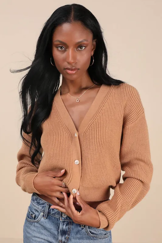 Toasty Babe Tan Knit Button-Up Cropped Cardigan sold by Lulus