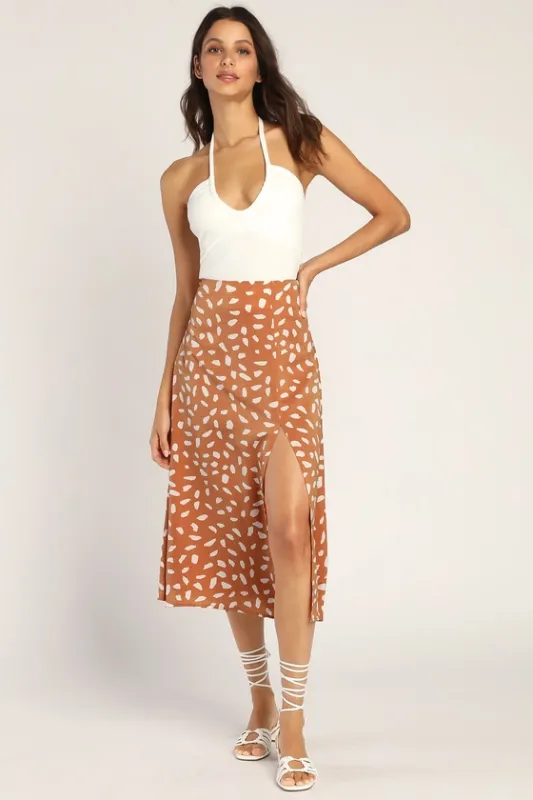 Getting Glam Peach Print Slit Midi Skirt sold by Lulus