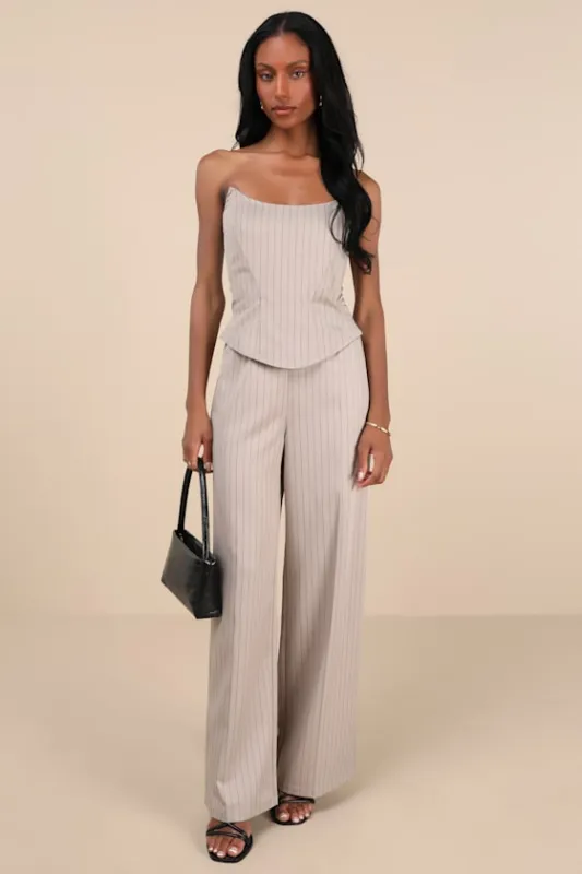 Polished Charisma Taupe Pinstriped Strapless Jumpsuit sold by Lulus