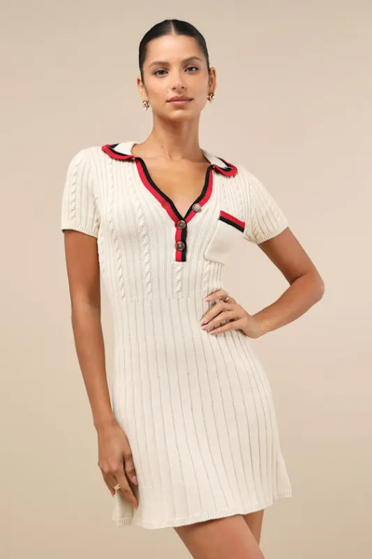 Upscale Ideal Beige Cable Knit Short Sleeve Sweater Mini Dress sold by Lulus