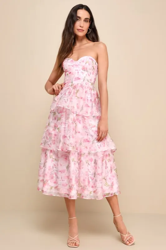 Pristine Cutie Light Pink Floral Organza Bustier Midi Dress sold by Lulus